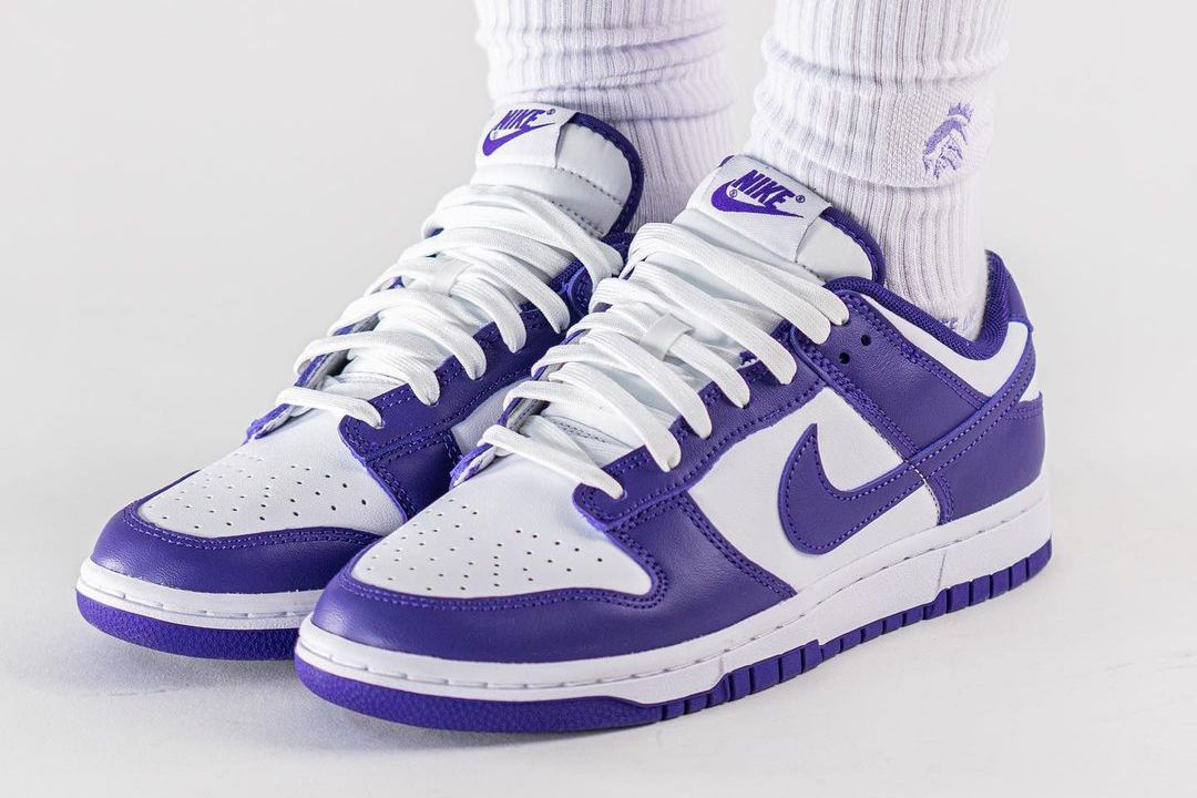 purple and white dunks